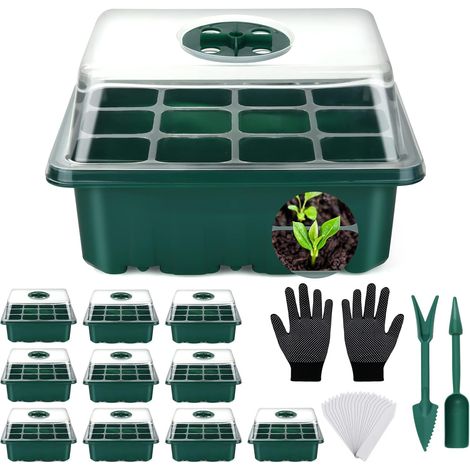 Mini Greenhouse for Plants, 11 Pieces 132 Cells Indoor Seedling Tray with Raised Lids, Seed Tray Nursery Grow Box - with 40 Labels, 2 Tools, 1 Gloves (1/5)
