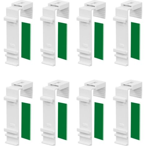 Set mit 8 langen Klemmhalterungen für Klemmfix-Doppelrollos, zur Befestigung und Verklebung ohne Bohren, als Zubehör oder Ersatzteil für die Montage an PVC-Fenstern und Balkontüren. (1/4)