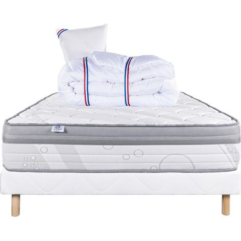 Ensemble Matelas Relaxation, 26 cm, ressorts ensachés, ferme, face été/hiver + sommier blanc ep 13cm + oreiller + couette, 90x190cm (1/5)