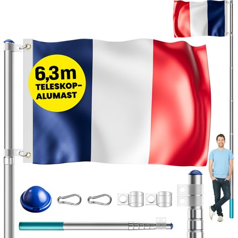MONZANA® Telescopic Aluminium Flagpole Mast 6.3m / 20FT Compatible With 90 x 150 cm Flags 630 cm Mast Including 60 cm Stable Ground Socket Frankreich (de)