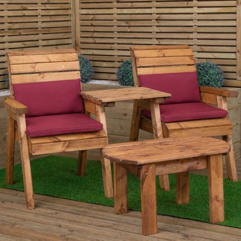 2 Seater Wooden Garden Furniture Set with Coffee Table & Burgundy Cushions (1/5)