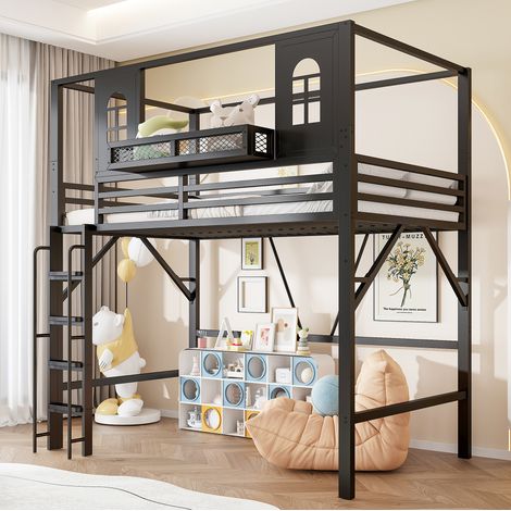 Letto a castello 90/200 cm in metallo nero con tetto, scala di sicurezza e spazio gioco (1/5)