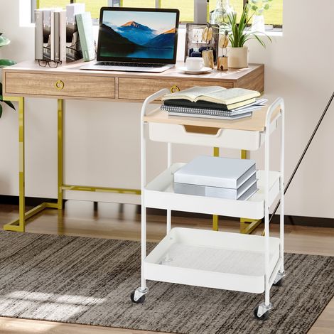 HOMCOM Küchenwagen mit Rollen, Aufbewahrungswagen mit Auszugsschublade, 2 Körben und Bremsen für Bad, Wohnzimmer und Schlafzimmer, 43,9 x 30,5 x 75,6 cm, Weiß