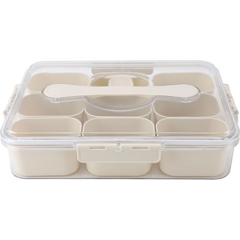 Contenitore da cucina in plastica trasparente e impermeabile, con manico e 9 scomparti per insalate e condimenti.