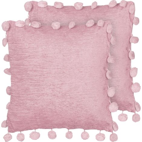 Conjunto de 2 cojines de tela de poliéster 45 x 45 cm hechos a mano con borlas rosa Jasmine
