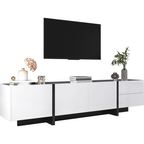 Mobile TV basso lucido bianco e nero con 3 ante, 2 cassetti e ripiani interni, design a linee pulite in pannello truciolare per soggiorno moderno  CHICFURN (1/5)