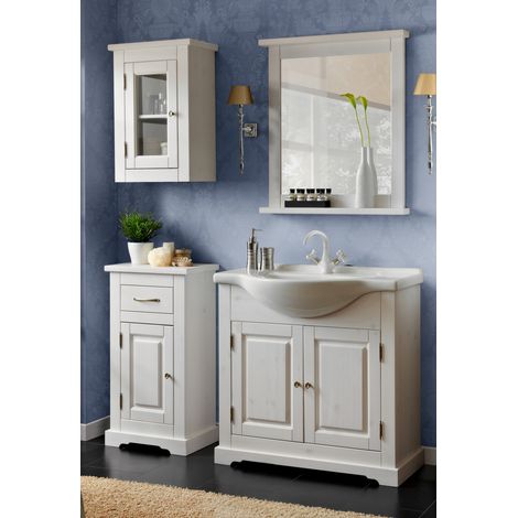 Badezimmer Möbel Set inkl. Waschtisch mit Keramik-Waschbecken LIRIA-56, Massivholz weiß B x H x T ca.: 145 x 200 x 43 cm (1/5)