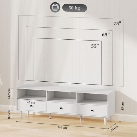 Meuble TV avec tiroirs, 3 niches ouvertes, 140 cm, console TV basse avec gestion de câbles, support pour téléviseur jusqu'à 75 pouces, table TV pour salon, blanc, 140x34x45 cm (1/5)