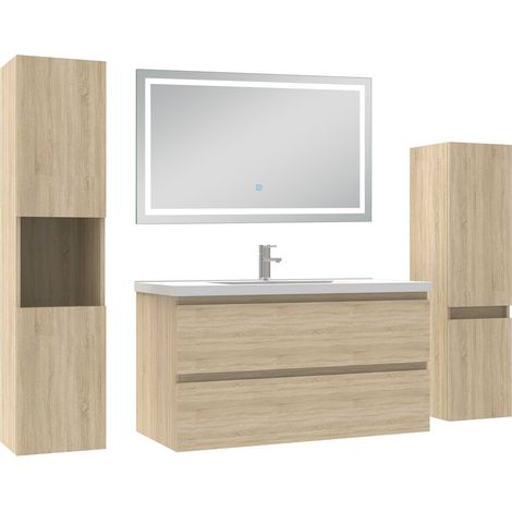 Aica Ensemble meuble Salle de Bain 100cm avec Colonne et Miroir Lumineux Tricolore, Chêne Naturel