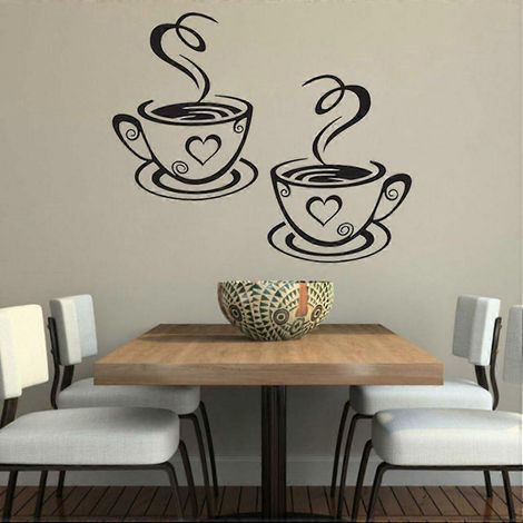 Stickers tasses à café Décoration murale en vinyle sur le thème du café et du thé pour la cuisine, le restaurant et le pub Décorez vos murs avec style grâce à cette œuvre d'art sur le thème du café (1/5)