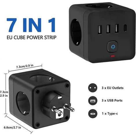 Multiprise 7 en 1 avec protection contre les surtensions, 3 prises secteur, 3 ports USB, 1 port Type-C, station de charge de bureau avec protection contre les surcharges, blanche. (1/3)