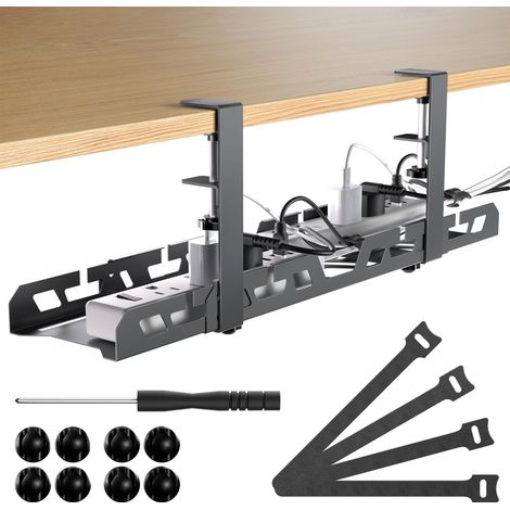 Lot de Cable Management, Plateau de Gestion des Câbles sous Bureau sans Perçage Extensible 39-60 cm, Rangement Cable Bureau pour La Gestion des Câbles et des Multiprises, Noir (1/5)
