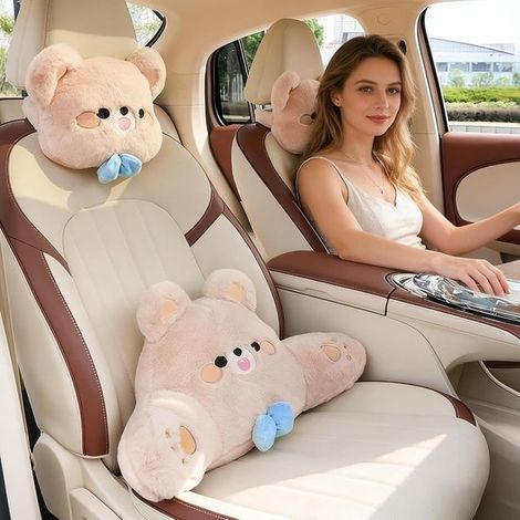 Ensemble de 2 coussins pour voiture : support lombaire + appui-tête, coussin de soutien pour le dos, le cou et la nuque. Motif ours en peluche mignon. Respirant et confortable. Couleur jaune. (1/5)