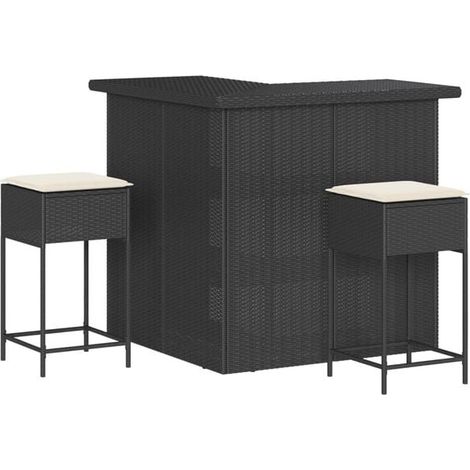 Ensemble de trois tabourets de bar de jardin avec coussins en rotin polyester noir (1/5)