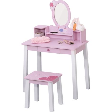 Tocador infantil princesse en bois rose avec tabouret, miroir et maquillage jouet pour filles 3+ ans 60x34x93 cm