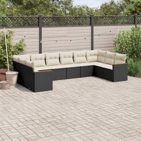 10-tlg. Garten-Sofagarnitur mit Kissen Schwarz Poly Rattan (1/3)