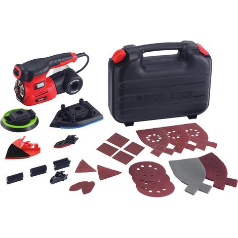 Black & Decker – Multiponceuse 4 en 1 filaire 220W – Vitesse variable 8500-13000 trs/min – Plateau pointu réversible et excentrique – 17 abrasifs inclus