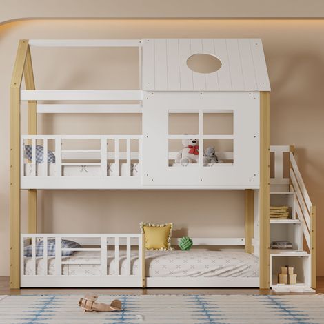 Lit superposé 90x200 cm, avec escalier de rangement, sommier à lattes en bois, fenêtres et toit, clôture de sécurité, lit enfants en pin - Blanc (1/5)