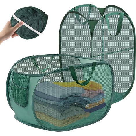 2 Pièces Panier à Linge Pliable en Maille, 75l Corbeilles à Linge Pop up Laundry Baskets Sac à Linge, Corbeille a Linge Pliable, Panier a Linge Sale avec Manipuler pour Chambre à Coucher, Buanderie