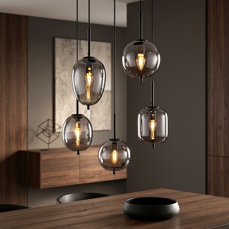 Lampada a sospensione per sala da pranzo a 5 luci, grigio, vetro fumé, H 150 cm (1/5)