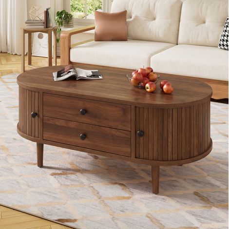 Mesa de centro en MDF 100 x 50 x 40 cm nogal, ovalada con puertas correderas y 2 cajones (1/5)