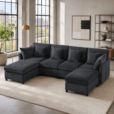 Sofá esquinero modular de chenilla, 278 x 161 x 81 cm, 4 a 6 plazas, gris HAVRYA