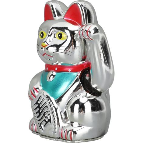 Chat porte-bonheur électrique Feng Shui chinois de 12,5 cm (5 pouces) - Décoration de bureau - Cadeau idéal pour attirer la chance - 0255D Argent (1/5)