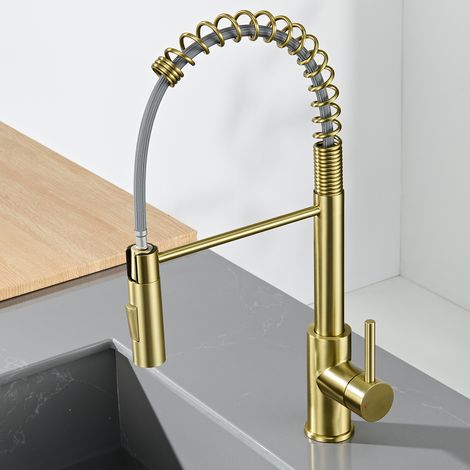 Küchenarmatur Wasserhahn Küche mit Brause ausziehbar, 360° Schwenkbar Federflex Mischbatterie, Einhebel Spültischarmatur, Hochdruck Edelstahl Armatur Küche, Gebürstetes Gold