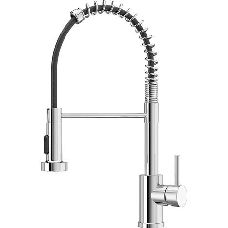 Robinet Cuisine, Mitigeur Cuisine Avec Douchette Pivotant à 360° d'Évier à Arc Élevé Pulvérisateur Escamotable 2 Modes, Chrome Poli (1/5)