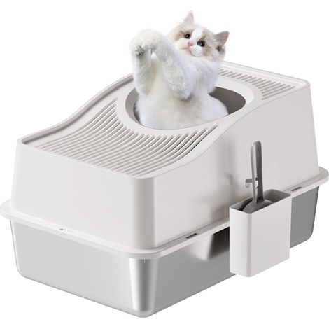 Litiere pour Chat Acier Inoxydable, XXL Bac à Litière Fermé pour Chat, Ouverture en Haut Contrôle des Odeurs, Anti-Fuite avec Amovible Maisons de Toilette pour Chats, 60x40x39.5 cm, Blanc (1/5)