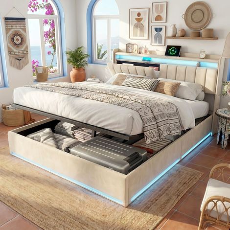 Lit Simple en Velours 140x190 cm - Lit Coffre Adulte avec Tête de Lit Capitonnée Rangement, LED Multicolore, Prises USB/Type-C et Sommier - Beige (1/5)