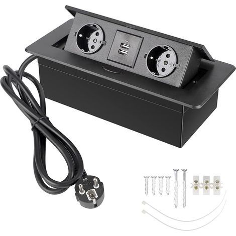 Prise Encastrable Plan de Travail Noir, Multiprise Plan de Travail Cuisine avec 2 Prises + 2USB/Connecteur/1,8M Câble (1/5)