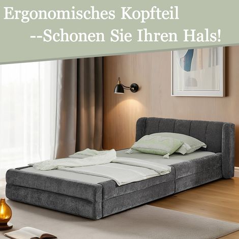 Lit simple 90200 cm, tissu chenille doux pour la peau, dossier confortable, convient également comme lit enfant, gris foncé (sans matelas) (1/5)