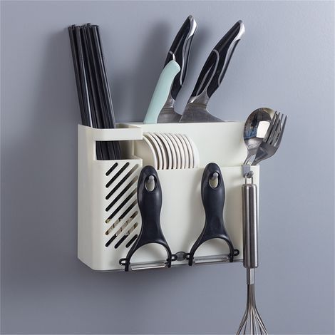 Porte-baguettes mural blanc, range-couverts et porte-couteaux de cuisine, panier suspendu égouttoir multifonction pour la maison. (1/4)
