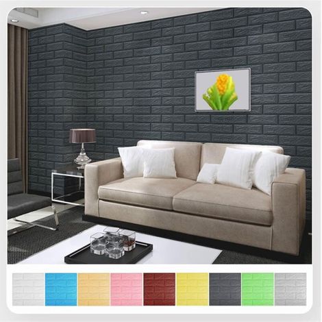 Lot de 10 panneaux muraux 3D auto-adhésifs, papier peint mousse, imperméable, argent et gris, 35x38 cm