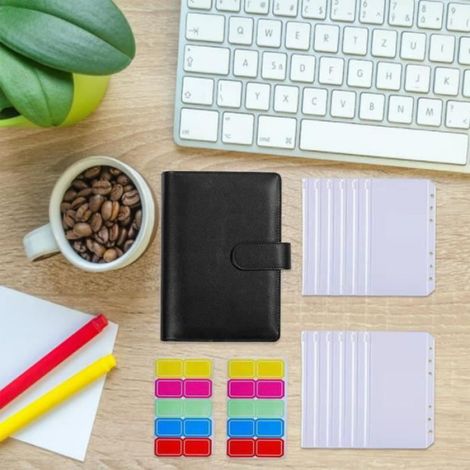 Classeur Budget A6 - Cuir PU - Enveloppes Factures Translucides - 12 Pochettes - Feuilles Planification Dépenses - Noir (1/4)