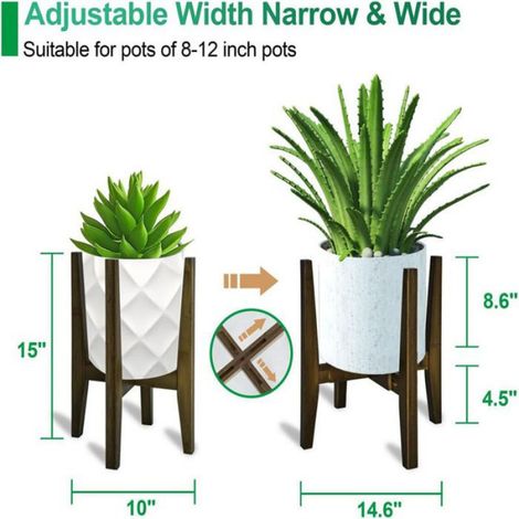 Support plante intérieur bambou - Ajustable 22 35 cm capacité 54 kg Design milieu du siècle - Salon bureau balcon - Noyer (1/5)