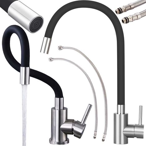 Robinet de cuisine flexible pivotant à 360°, en acier inoxydable, avec douchette extractible et design moderne. (1/5)