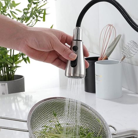 Robinet de cuisine avec douchette - Robinet de cuisine avec bec pivotant à 360°, 4 jets, col de cygne, en acier inoxydable, pour plans de travail de cuisine monotrou.