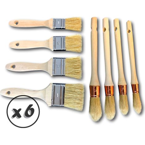 8 pinceaux plats et ronds  Lot de 6  4 pinceaux type queue de morue 30-40-50-60 et 4 pinceaux à rechampir Ø 15-18-21-25 mm  100 % soie  qualité hyper pro  Vernir laquer lisser  Kibros 8PINCSOIx6 (1/5)