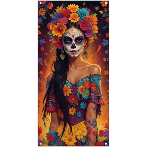 Rideau/drapeau de porte pour la Toussaint, orné de crânes et de fleurs colorés - Décoration mexicaine - 90 x 180 cm (œillets + ruban) - Style 1