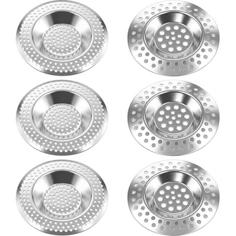 Lot de 6 passoires d'évier en métal, 2 tailles, filtre anti-cheveux pour cuisine et douche, bouchon de vidange.