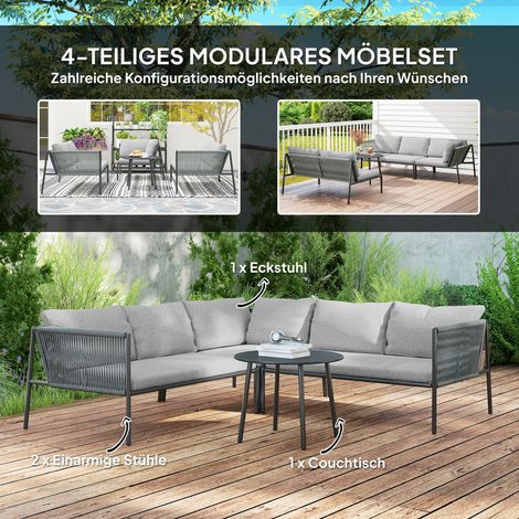 Ensemble mobilier jardin en résine tressée, salon extérieur avec canapé d'angle, table basse et coussins pour 6 personnes, gris anthracite