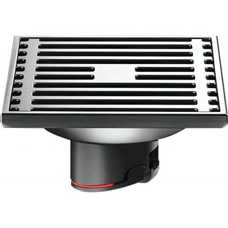Grille d'évacuation carrée en acier inoxydable, siphon de sol droit, anti-odeurs pour salle de douche, 100 mm de côté, noir (1/4)