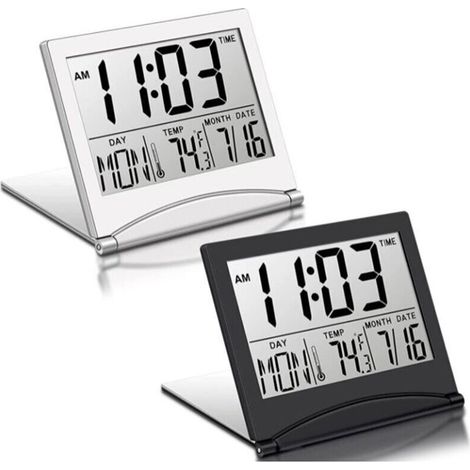 2-Piece Digital Travel Alarm Clock, Foldable LCD Clock with Calendar, Temperature Display, Snooze Mode, Portable Desktop Display (1/4)