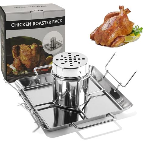 1 Support Poulet Canette Acier Inoxydable Vertical, Bac Égouttage, 2 Pics Légumes, Pour Barbecue Four Camping (1/5)