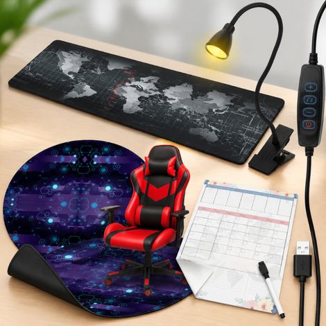 Conjunto de estación de trabajo para oficina y videojuegos (4 piezas): agenda, lámpara con pinza, alfombrilla redonda para silla y bloc de notas gris. (1/5)