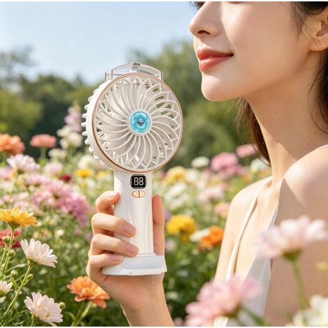 Mini ventilateur portable Aigostar blanc doré 4,3 pouces 3 pales, 2400mAh 5 vitesses support inclus, chic compact pour quotidien (1/4)