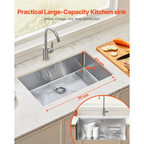 Évier de cuisine, 70 cm, évier sous plan en acier inox 304, évier à encastrer cuve simple avec accessoires, évier de lave-vaisselle… (1/5)