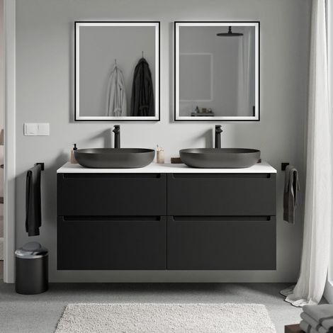 BERNSTEIN - Meuble sous vasque suspendu salle de bain MDF Noir mat, plan vasque Blanc mat, tiroirs passe-main pivotants - 120x46x62cm - VIREO Noir mat, Blanc mat